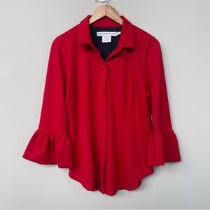 Gretchen Scott | Red Bell Sleeve Button Front Blouse Top Classic Holiday